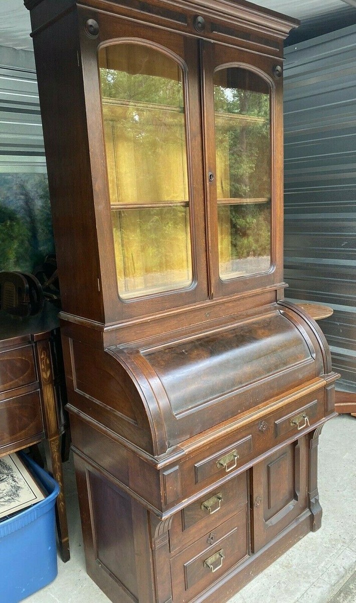 ANTIQUE VICTORIAN BURL WALNUT CYLINDER ROLL SECRETARY DESK