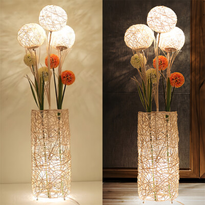 109CM LED Stehlampe 3-Farbiges Licht Vintage Rattan Wohnzimmerlampe mit Schalter