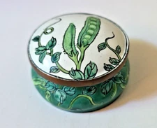 Vintage Round Enamel Trinket Box Handpainted W/ Pea Pod & Leaf Design- Marked