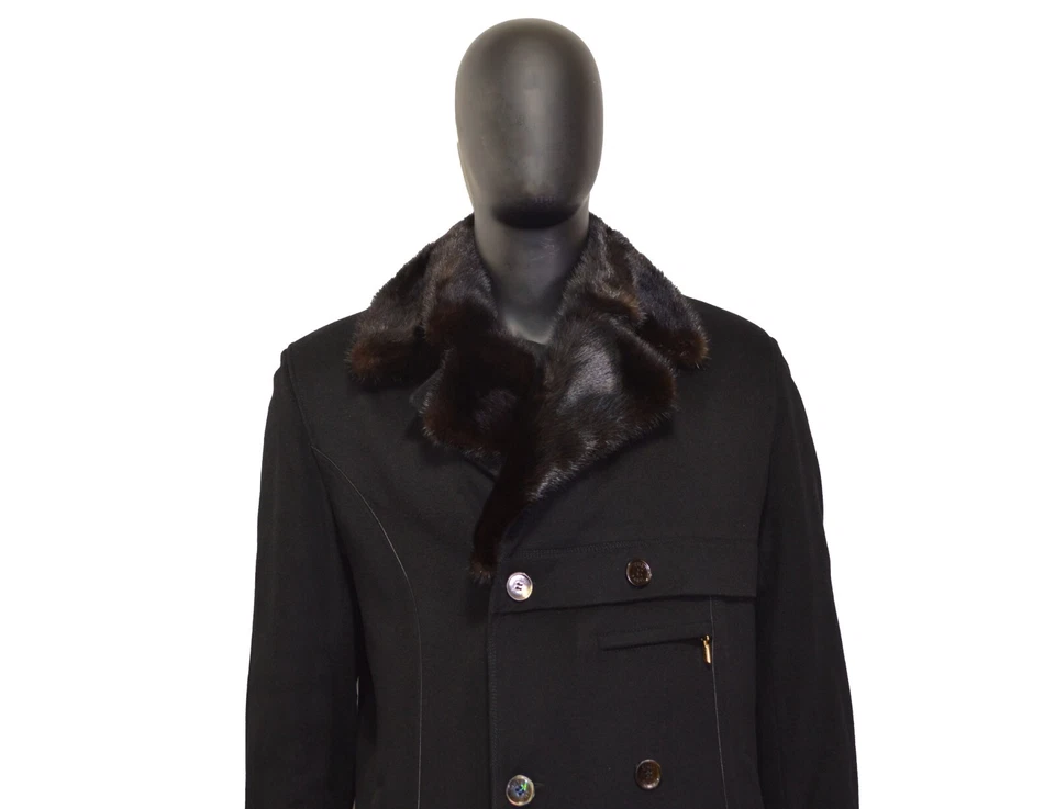 Men's ZILLI Double Breasted Coat 46US/UK 56IT Black 100% Cashmere Fur Collar - Image 2 of 4