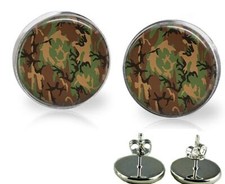 Camouflage Design Military Glass Top Stud Earrings Avail in 2 Sizes Handcrafted