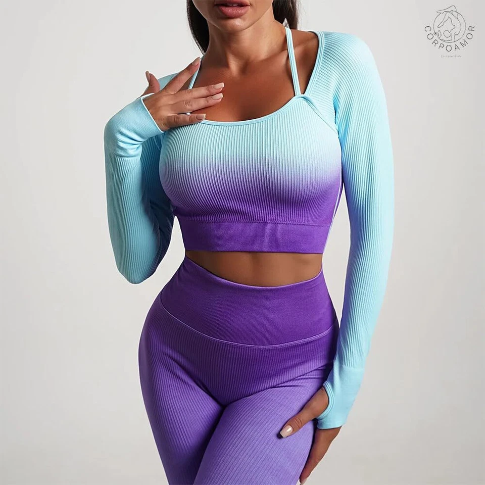 Women's Fitness Gym Outfit Yoga Crop Top & High Waisted Leggings Ombre 2 PC Set - Image 3 of 4