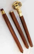 Shiny Brass Finished Diving Head Handle 3 Fold Wooden Walking Stick