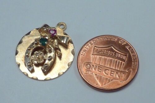 14K Yellow Gold "Horse Shoe" Pendant/Charm with Ruby & Emerald - Picture 4 of 5