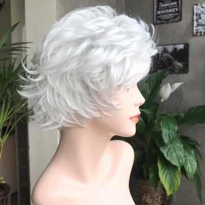 Synthetic Short pixie Wavy Silver White Wig for Elderly Ladies Natural Hair wig