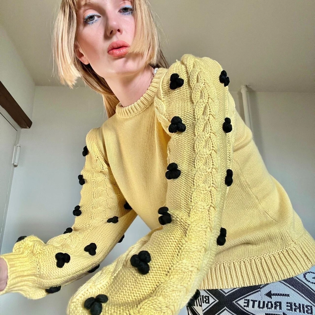 Shrimps Yellow Floral Embellished Wool Knit Sweater with Puff