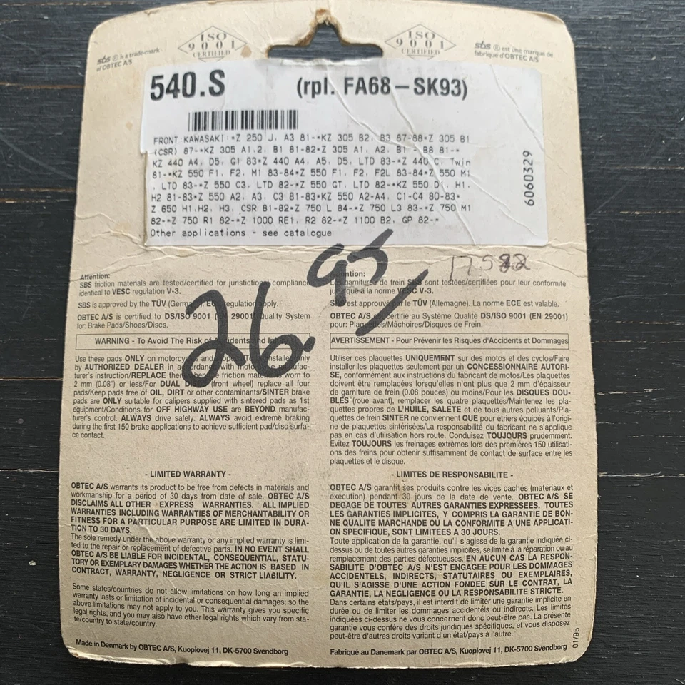 Juego de pastillas de freno delanteras NOS SBS para: Kawasaki 1982 KZ1000 82-83 KZ750 540HF Foto 2 de 2