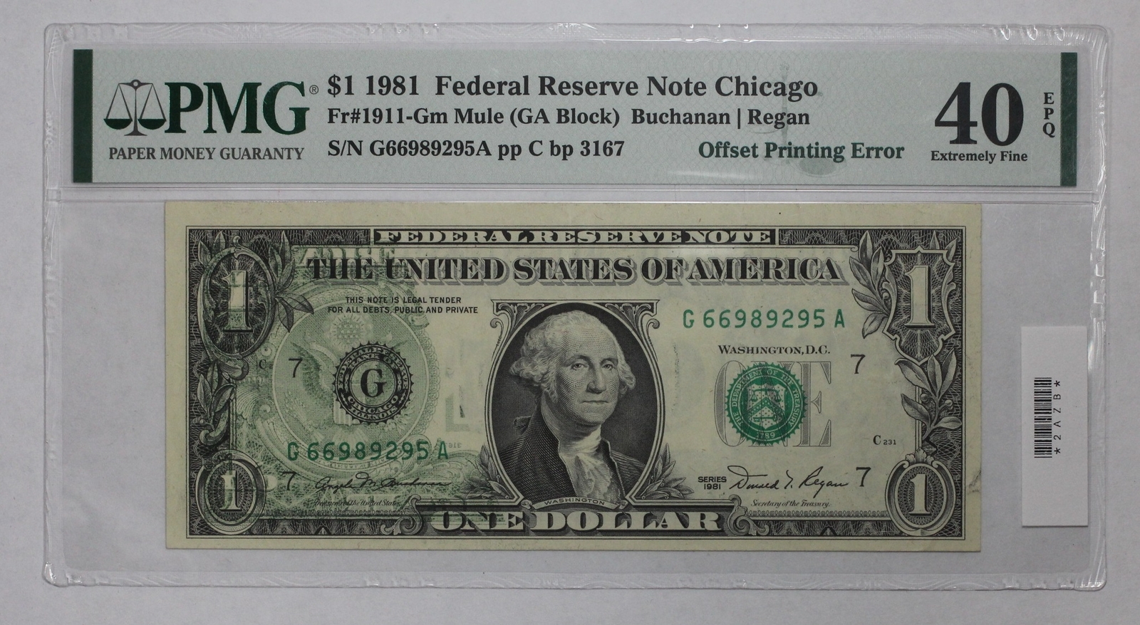 Note Offset Series 1981 $1 Federal Reserve Note Offset Printing Error PMG XF-40 ...