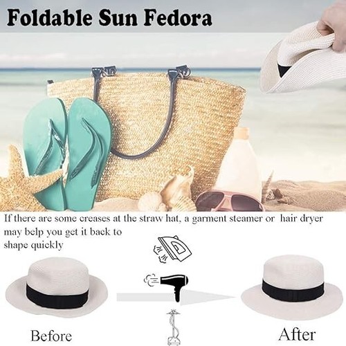 Sun Hats Straw Fedora - Panama Style with Wide Brim Beach Hat Foldable - Picture 5 of 9