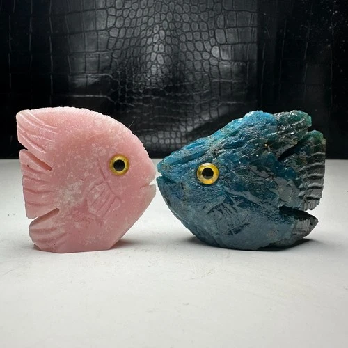 2PCNatural Crystal Mineral Specimen.Blue apatite.Hand-carved FISH.Statue.GIFT.BX