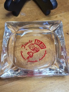 Vintage Frisch's Big Boy Square Ashtray Clear Glass Red Logo Old Advertising