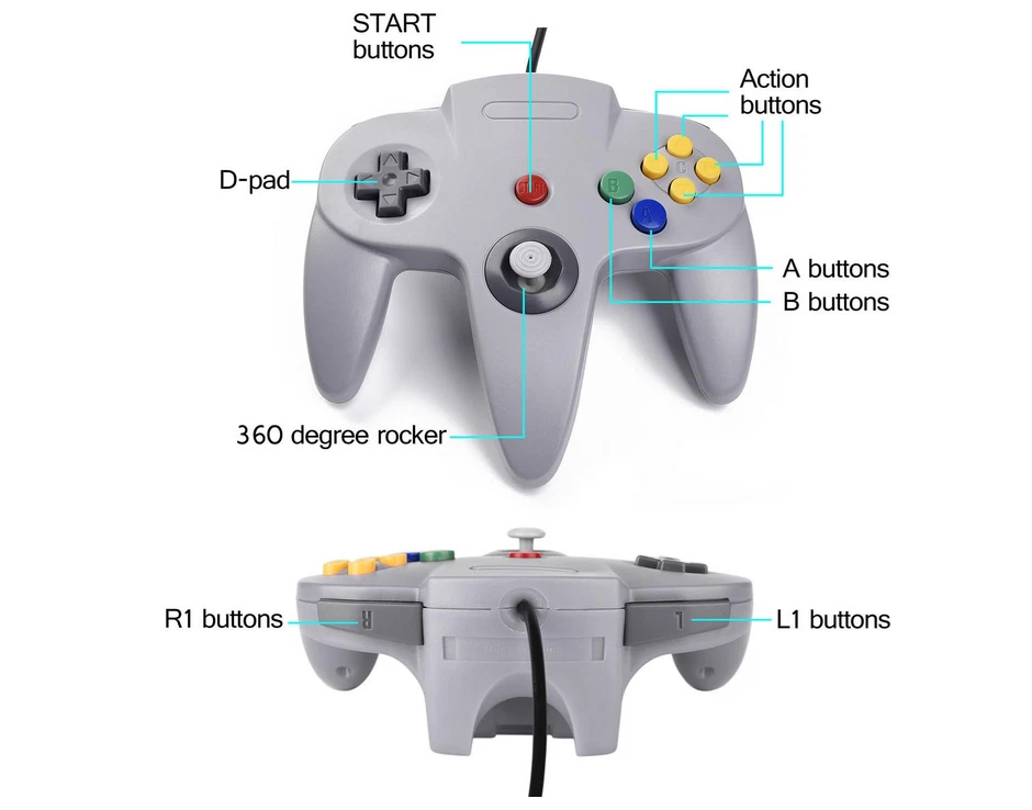 Pack de 2 Manettes Compatibles Nintendo 64 N64 – Joypads Filaire 1,80 m - Gris - Photo 3/4