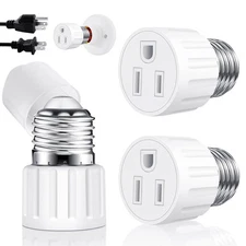 (2 Packs) 3 Prong Light Socket to Plug Adapter, E26 E27 White 