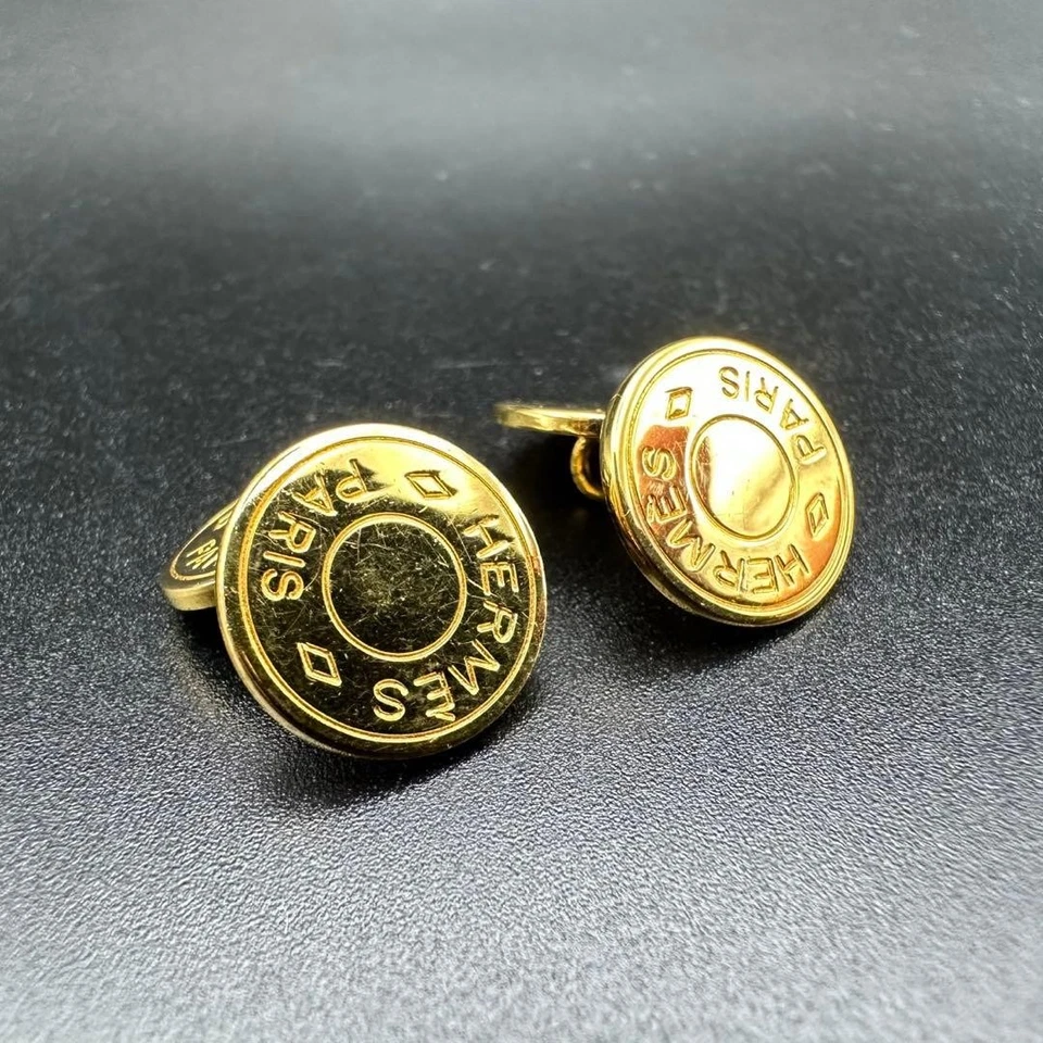 HERMES Manschettenknöpfe Gold Serie rund Kette Knopf Metall mit Box - Bild 2 von 4