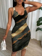Black Brown Beige Abstract Print Sleeveless Scoop Neck Knee Length Bodycon Dress