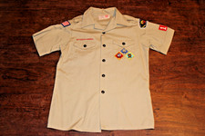 Boy Scouts of America BSA Youth Shirt Tan Large Sewn Patches Short Sleeve