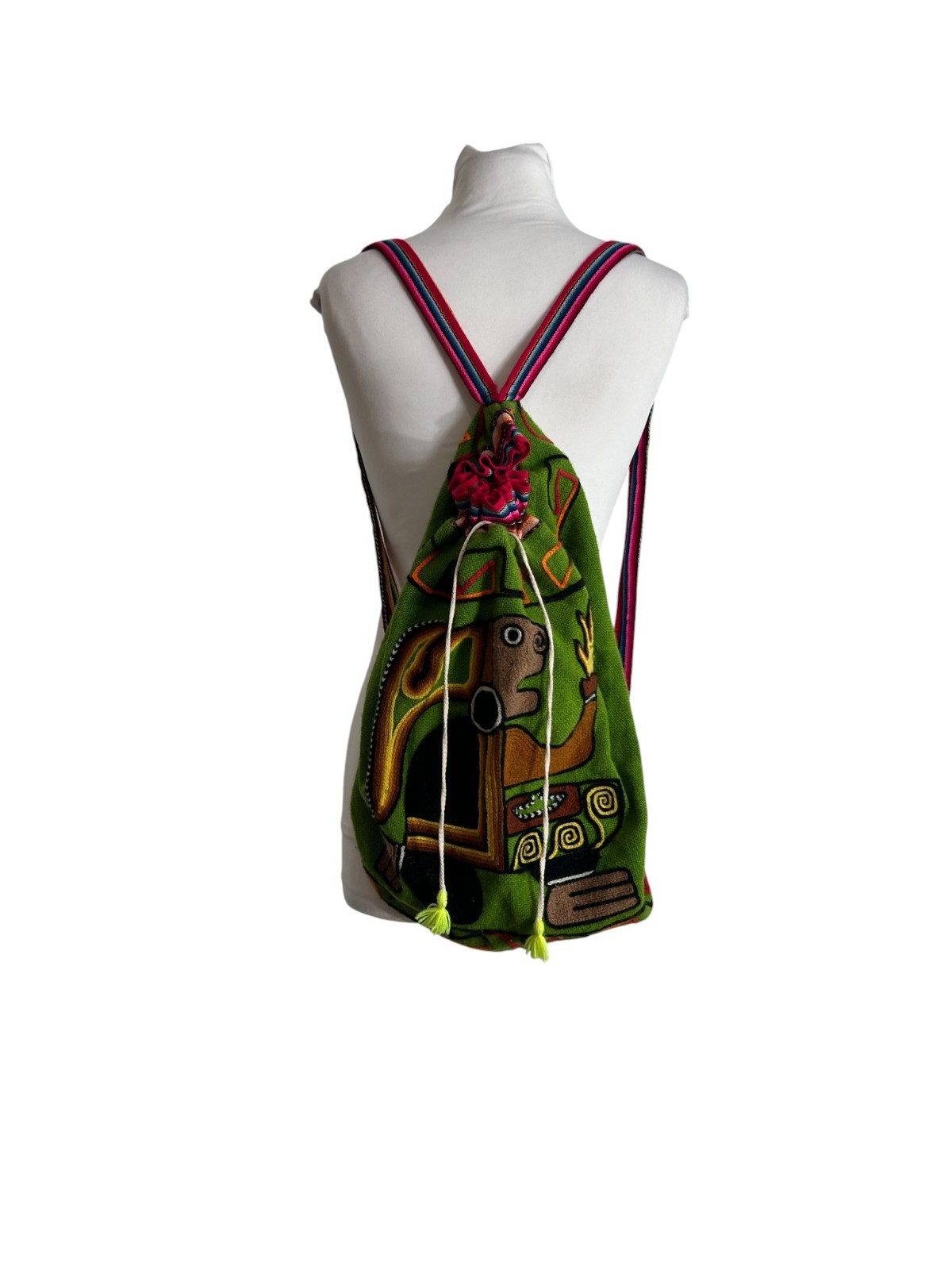 Handmade Peruvian Wool Drawstring Backpack Green … - image 10