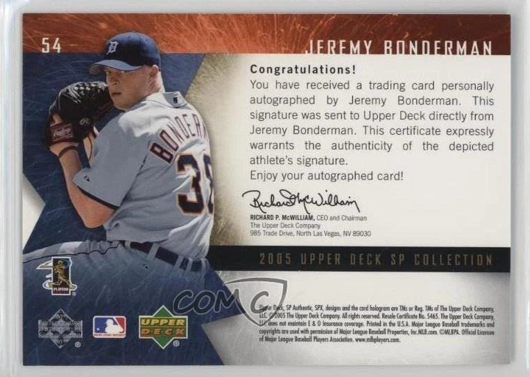 2005 Upper Deck SP Collection SPx Auto /50 Jeremy Bonderman #54 Auto - Image 2 of 2