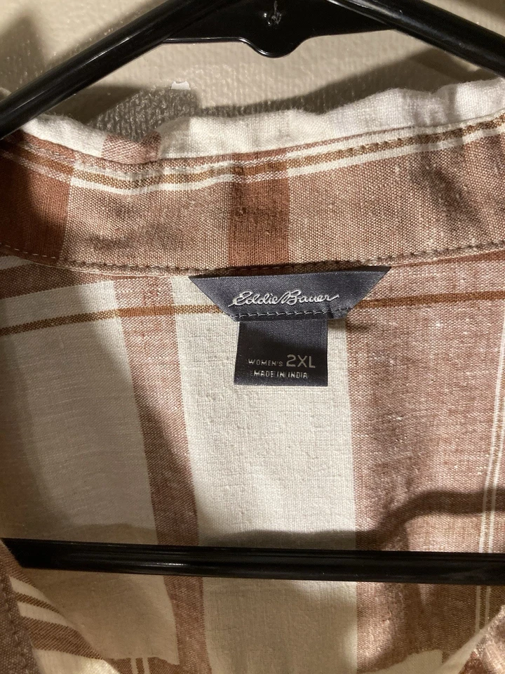 Eddie Bauer Button Up Shirt Womens 2XL/Brown/Beige/Plaid/54% Hemp/Tiny Flaw/Soft - Image 4 of 4