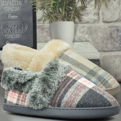 JO & JOE plaid slippers warm winter cosy faux fur lined indoor outdoor ladies new size