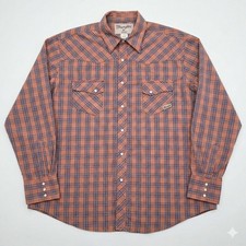 Wrangler Men's XL Wrancher Orange Blue Plaid Western Pearl Snap L/S Shirt