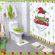 7 Pcs Christmas Bathroom Set Xmas Shower Curtain Decor Shower Curtain Non Sli...