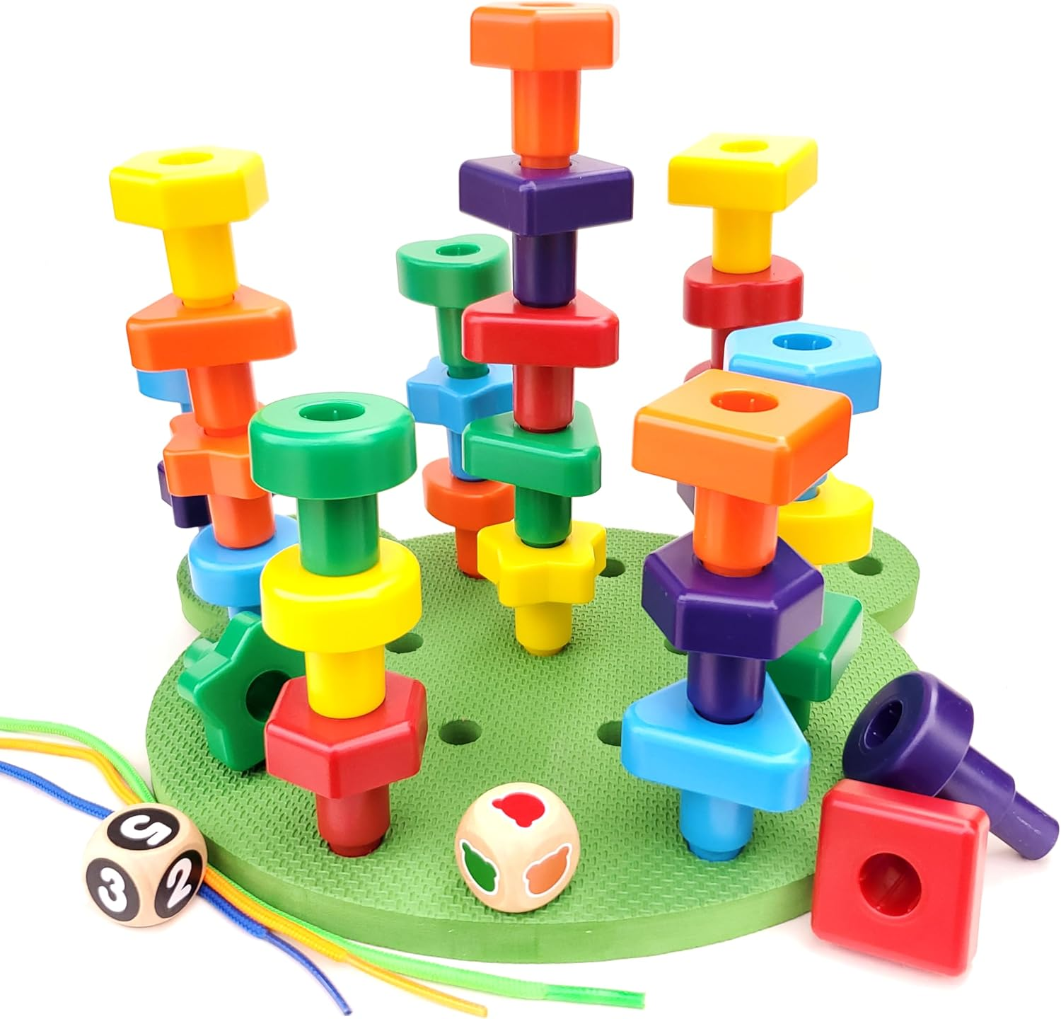 Jumbo Stacking Shapes Pegboard Set for Kids with 18 Pegs, 2 Wooden Dice, Lacing