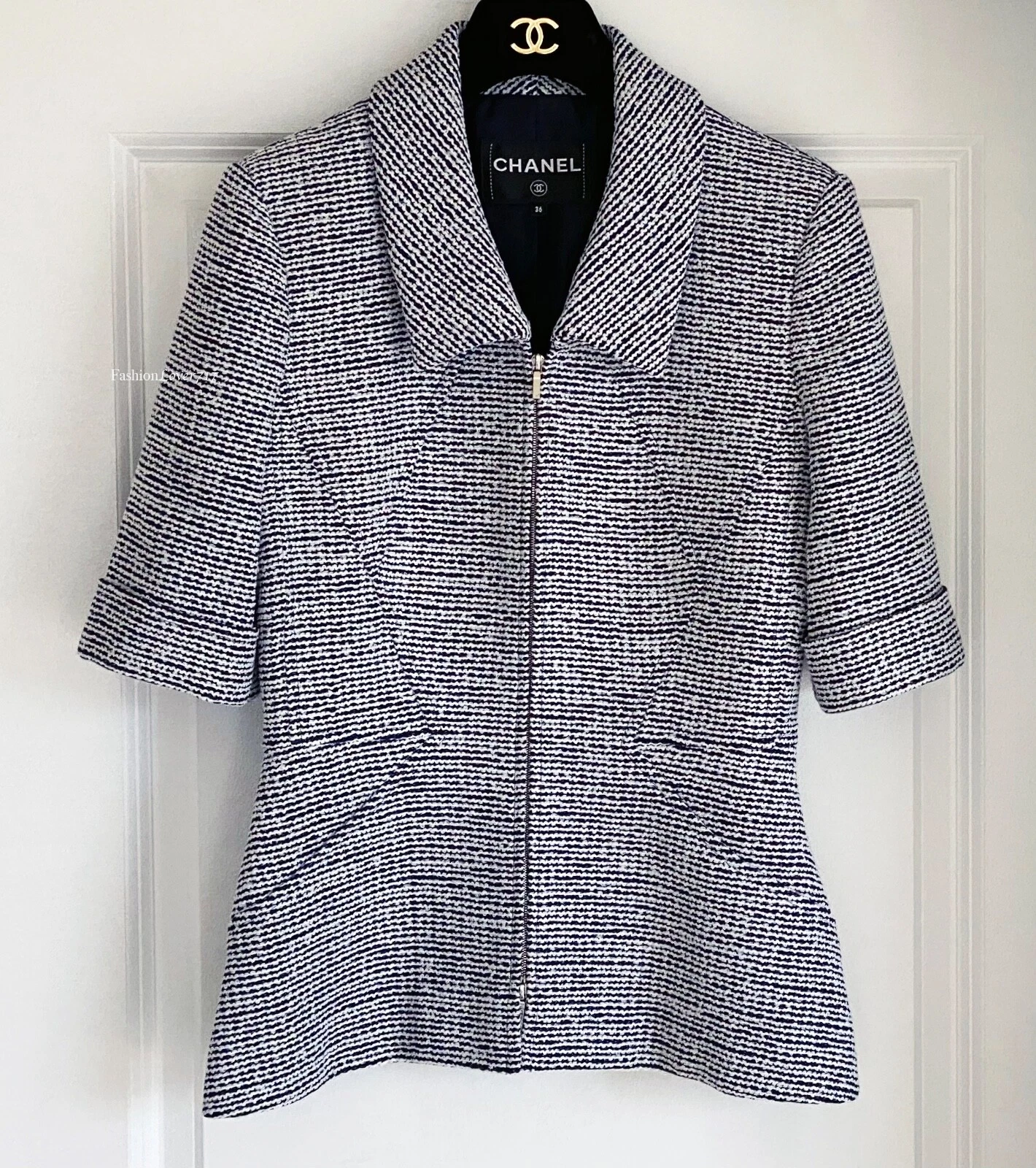 $5250 GIACCA CHANEL 19P BLU NAVY ECRU TWEED NERO CC BOTTONI MANICA CORTA 36