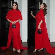 Red Jersey Beading Pattern Straight High Collar Midi Dresses Bespoke Dress