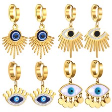 2pcs Gold Plated Evil Eye Turkish Lucky Charm Hoop Dangle Earrings for Women
