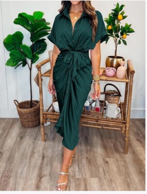 BTFMB Size L Green Satin Pleated Waist Tie Shirt Dress Short Sleeve Midi | eBay BTFMB Size L Green Satin Pleated Waist Tie Shirt Dress Short Sleeve Midi | eBay