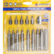 15PC TORX ALLEN KEY POWER BIT SET 30 & 75MM LONG TORX STAR + 3/8" SQUARE SOCK