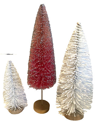2 Flocked White Bottle Brush Trees & 1 Pink w/ Silver Tips, 5.75 to 11  Tall