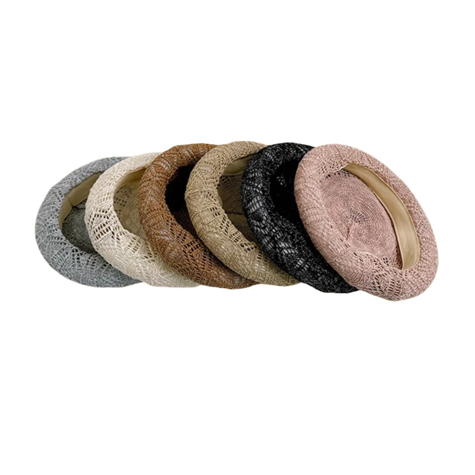 Fashion Women Lightweight Breathable Hollow Hat Summer Knitted Beret Painter Cap - Image 4 of 4