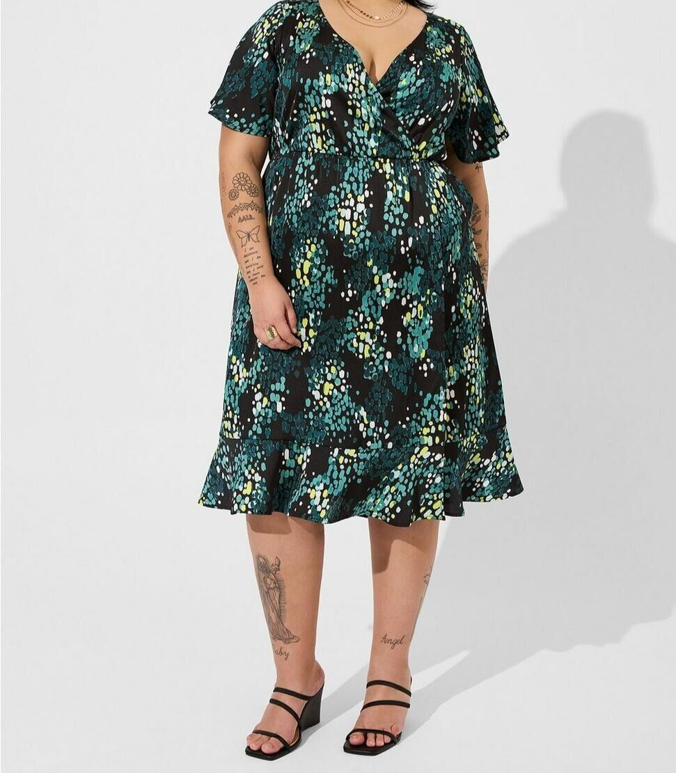 Torrid Midi Bubble Charm Flutter Sleeve Wrap Dress Black Green 1 1X 14 16  E61331 | eBay