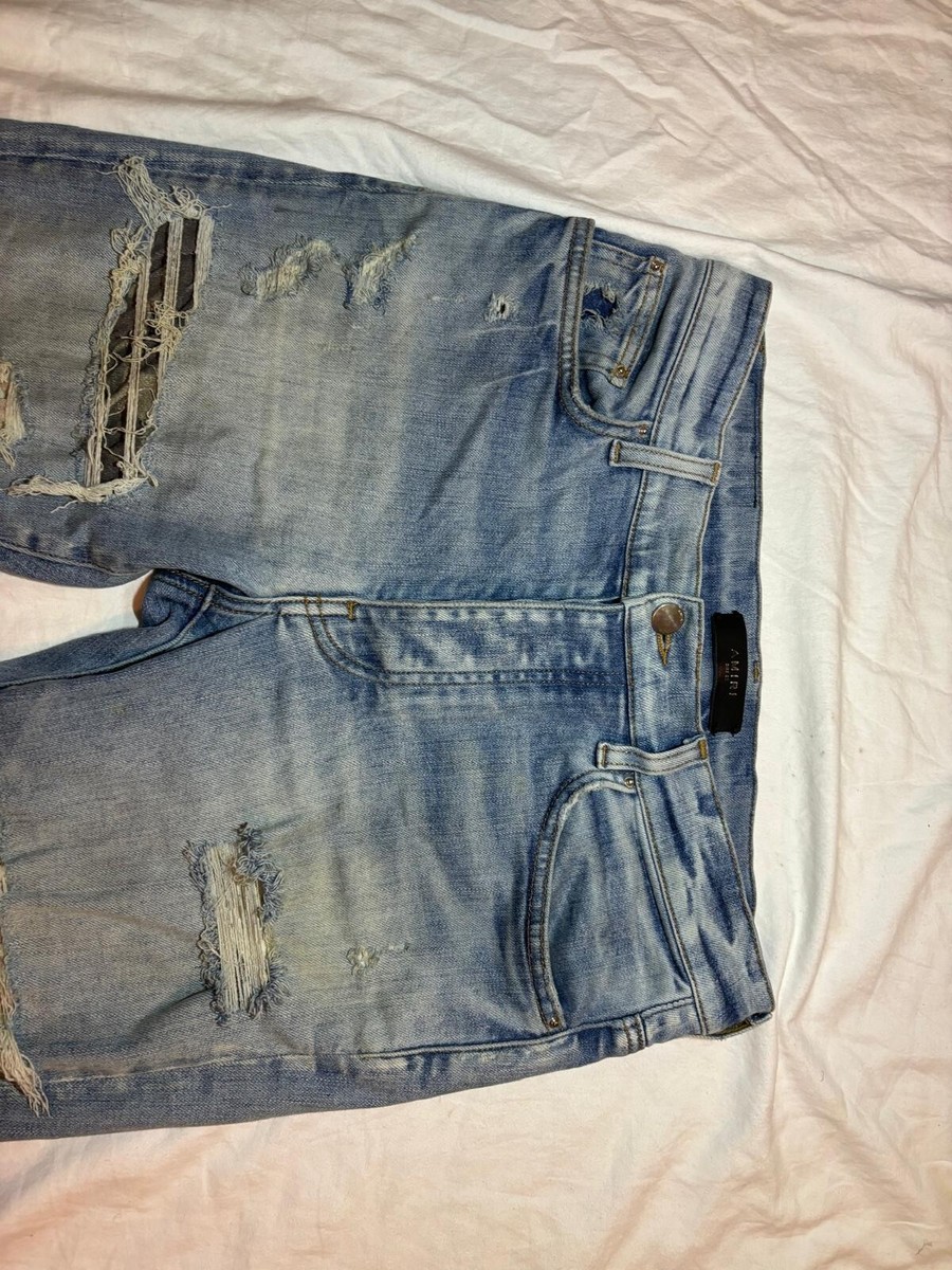 Amiri Denim Light Blue Clay Indigo Military Patch Print Jeans Size