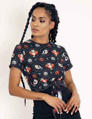 Black Milk Feline Spooky Tie Front Tee Shirt Halloween Cats Size Small S