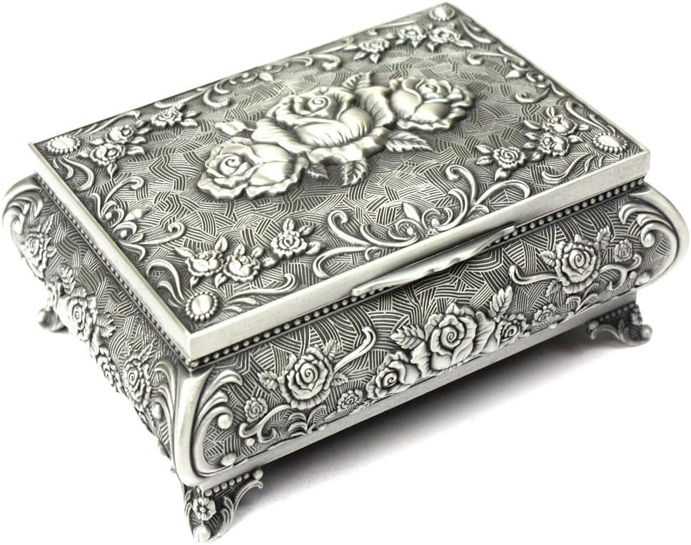 Boîte bijoux ancienne argent métal coffret rangement vintage floral