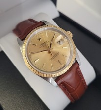 Rolex Oyster Perpetual Date Mens Watch 34mm Auto 18k Gold Bezel 15223 SUNBURST