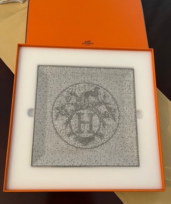 Original Hermes Paris Teller Quadrat Porzellan Mosaique au 24 Platin Karton NEU