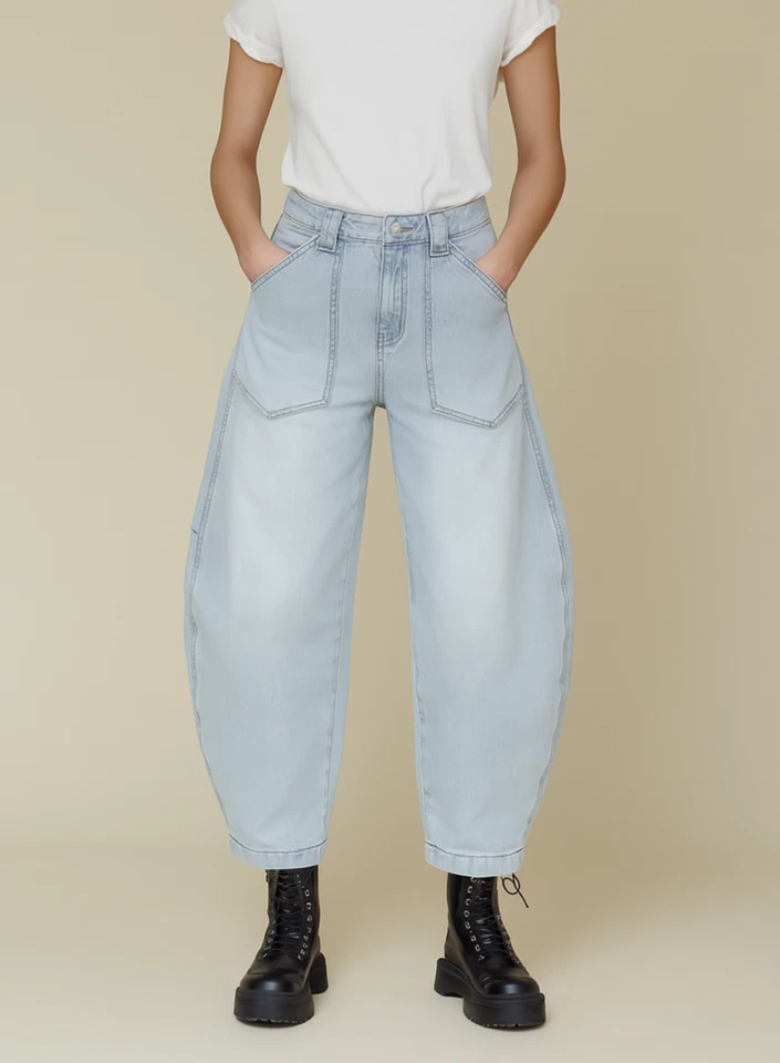 Pantalones de mezclilla Avec Les Filles Barrel para mujer talla 26 lavado claro tiro alto pierna globo