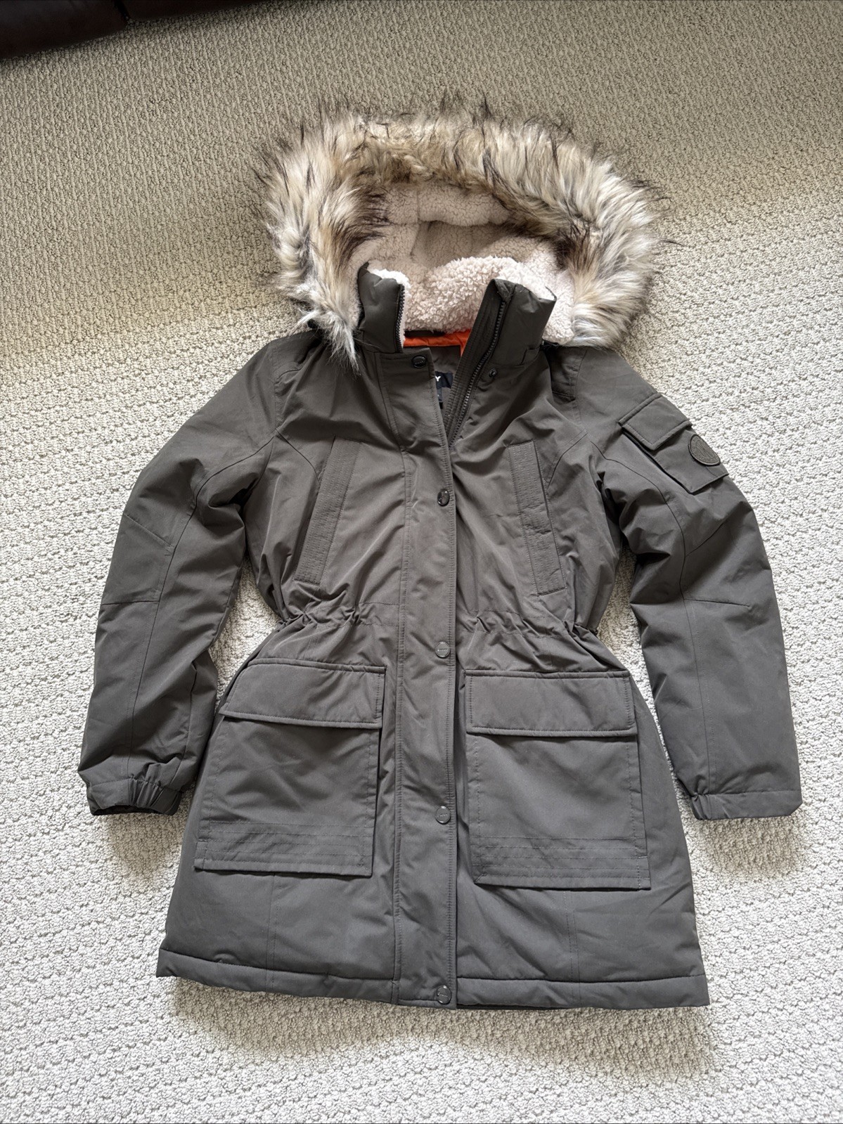 DKNY Parka Jacket Olive Green Hooded Full Zipped Faux Fur Women's Size XS  NWOT