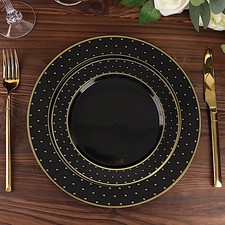 10 BLACK 10" Round Plastic Salad PLATES GOLD 3D Dotted Rim Events Decorations