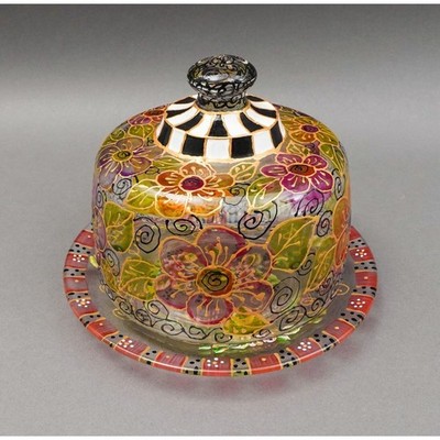 Gorgeous Hand Painted Floral Glass Dome Covered Butter Cake Dish