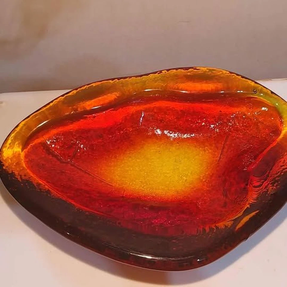 💥RARE Vtg LE Smith AMBERINA Heavy Glass candy dish key tray yellow orange Red  - Image 2 of 4