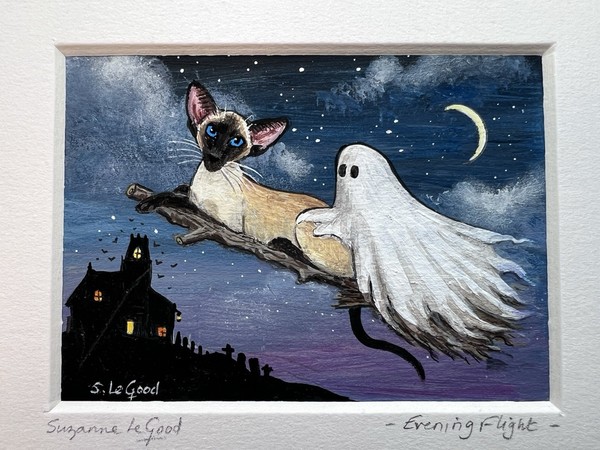 ACEO ORIGINAL Halloween Siamese Cat “Evening Flight” S. Le Good 2026 Acrylic