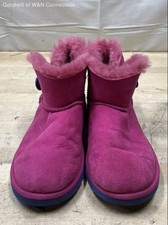 UGG Kids Mini Bailey Button Pink Blue Suede Sheepskin Boots Size 6