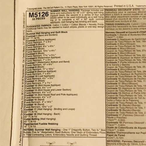 Edredón colgante de pared de verano McCall's patrón de costura M5126 sin cortar - Imagen 3 de 3