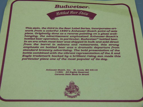 Anheuser-Busch Budweiser Bottled Beer Stein in Collector Tin Ceramarte 1991 New - Picture 9 of 11