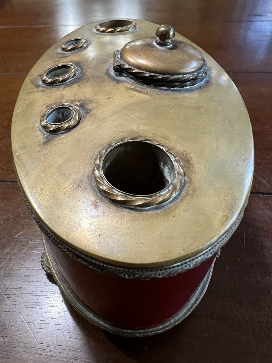 Antique Classic Burgandy Porcelain & Brass Desktop Inkwell Made In